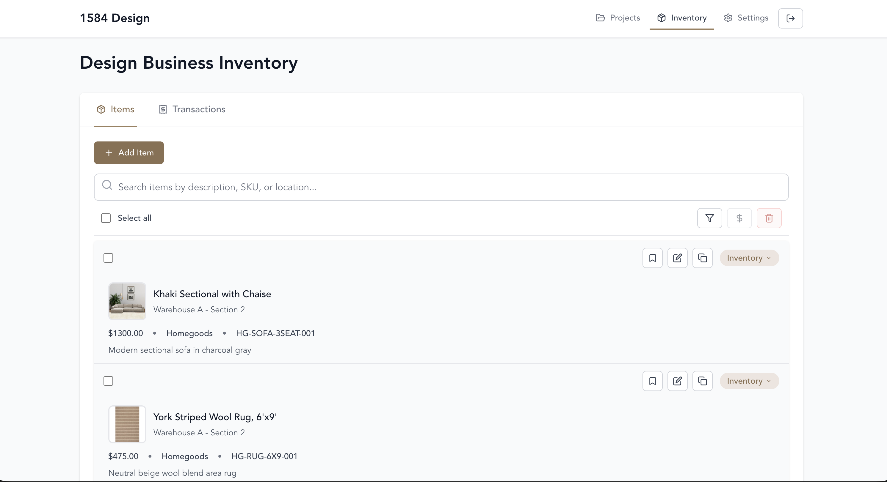 Business inventory list showing items with storage tags