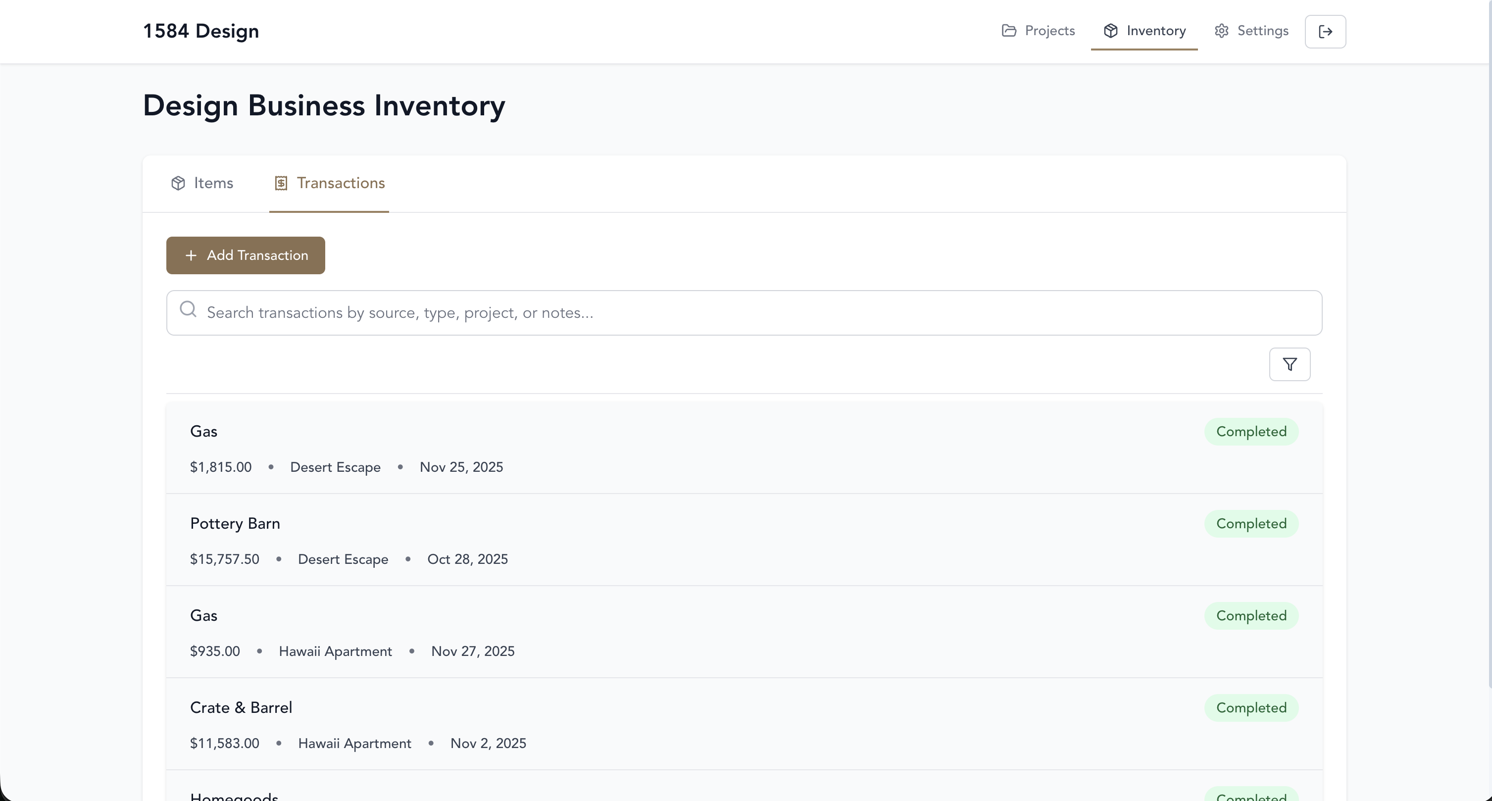 Transactions list tied to business inventory with filters