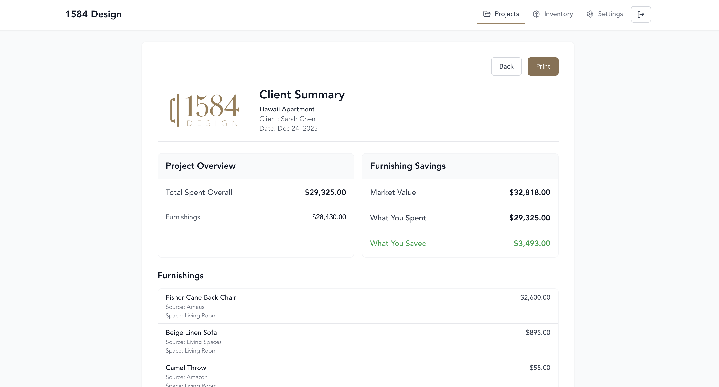 Client summary screenshot with the savings highlighted in green