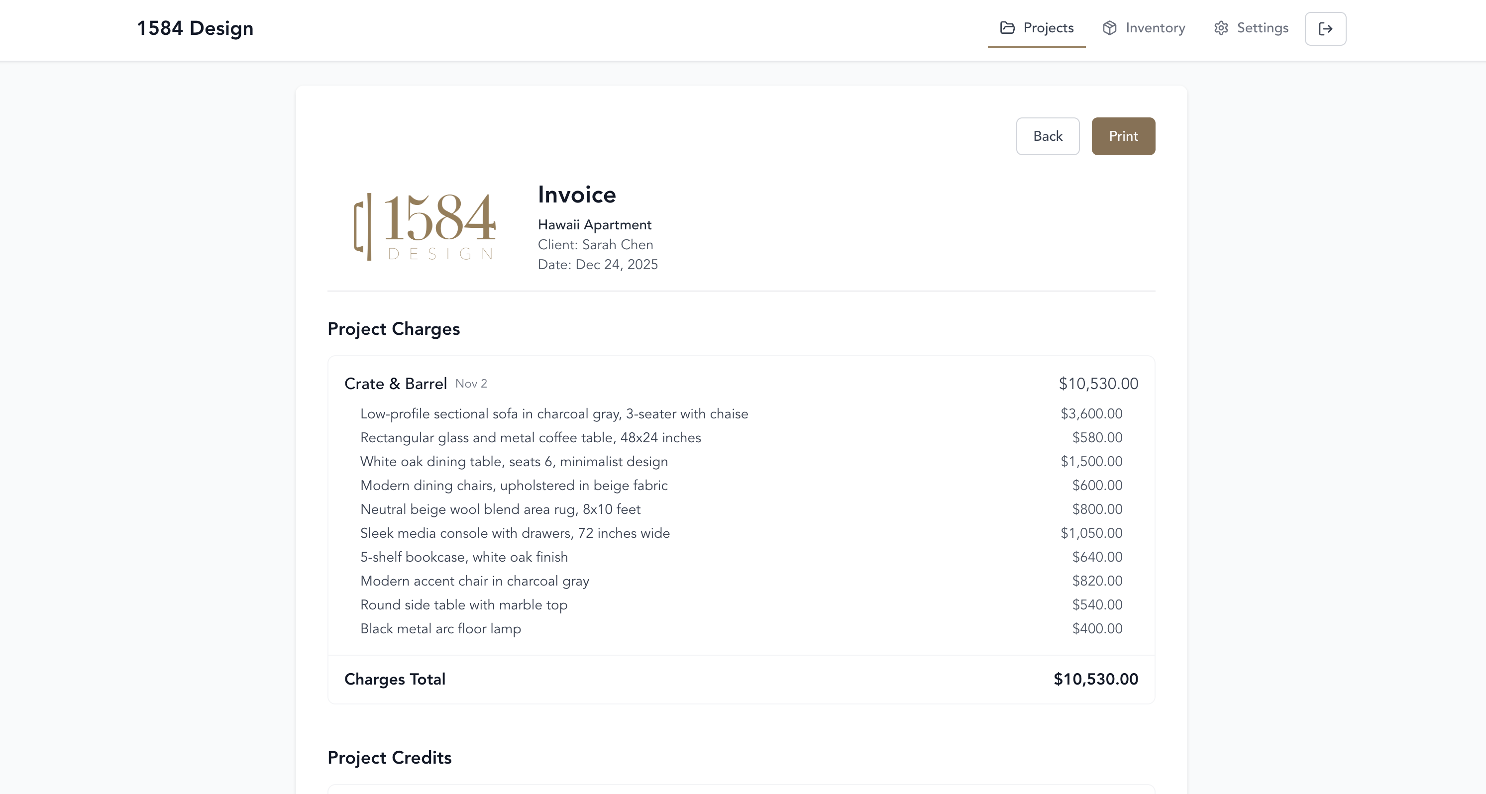 Client invoice preview showing line items and totals