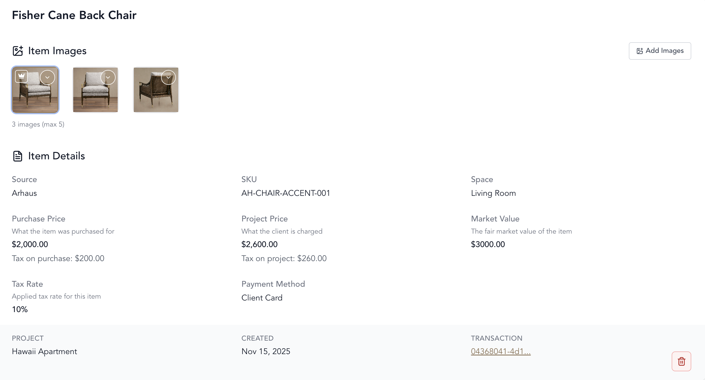 Item detail view showing item images and a link to the transaction with the receipt