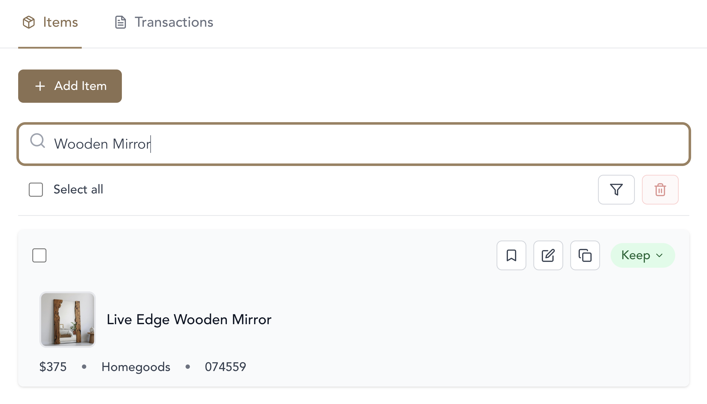 Item search interface showing item cards with photos and a search bar