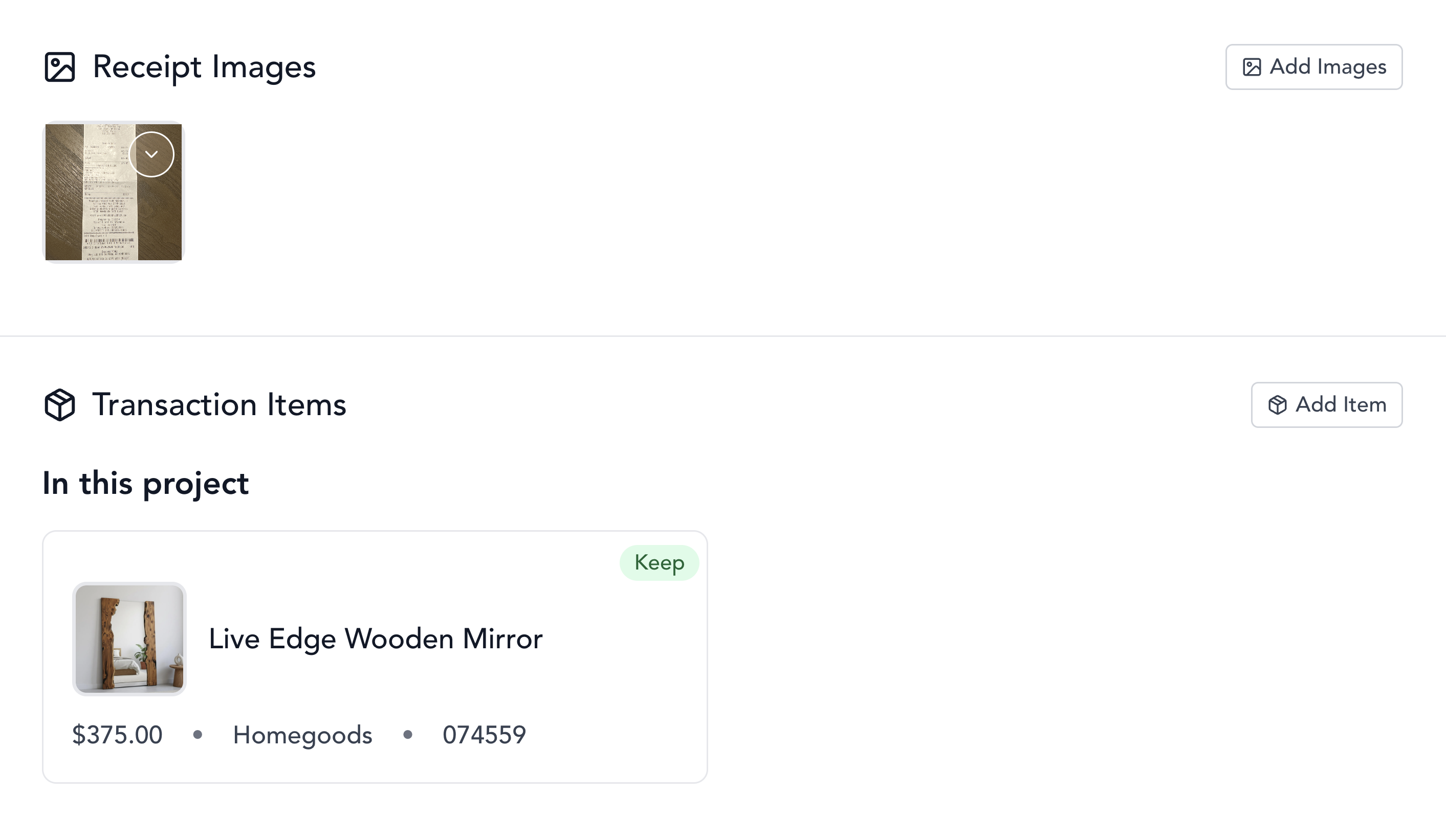 Receipt images and receipt capture interface