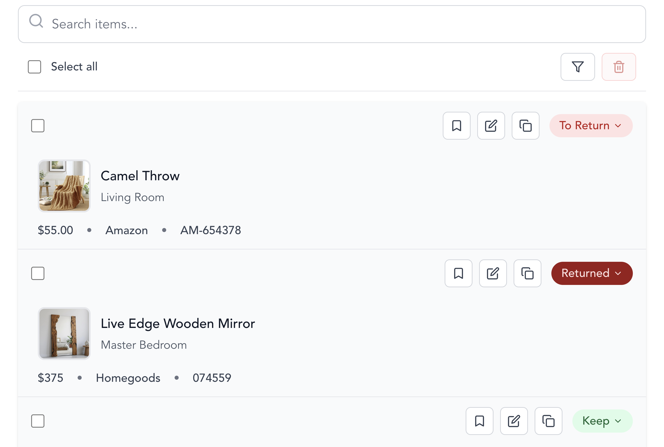 Returns list and return workflow