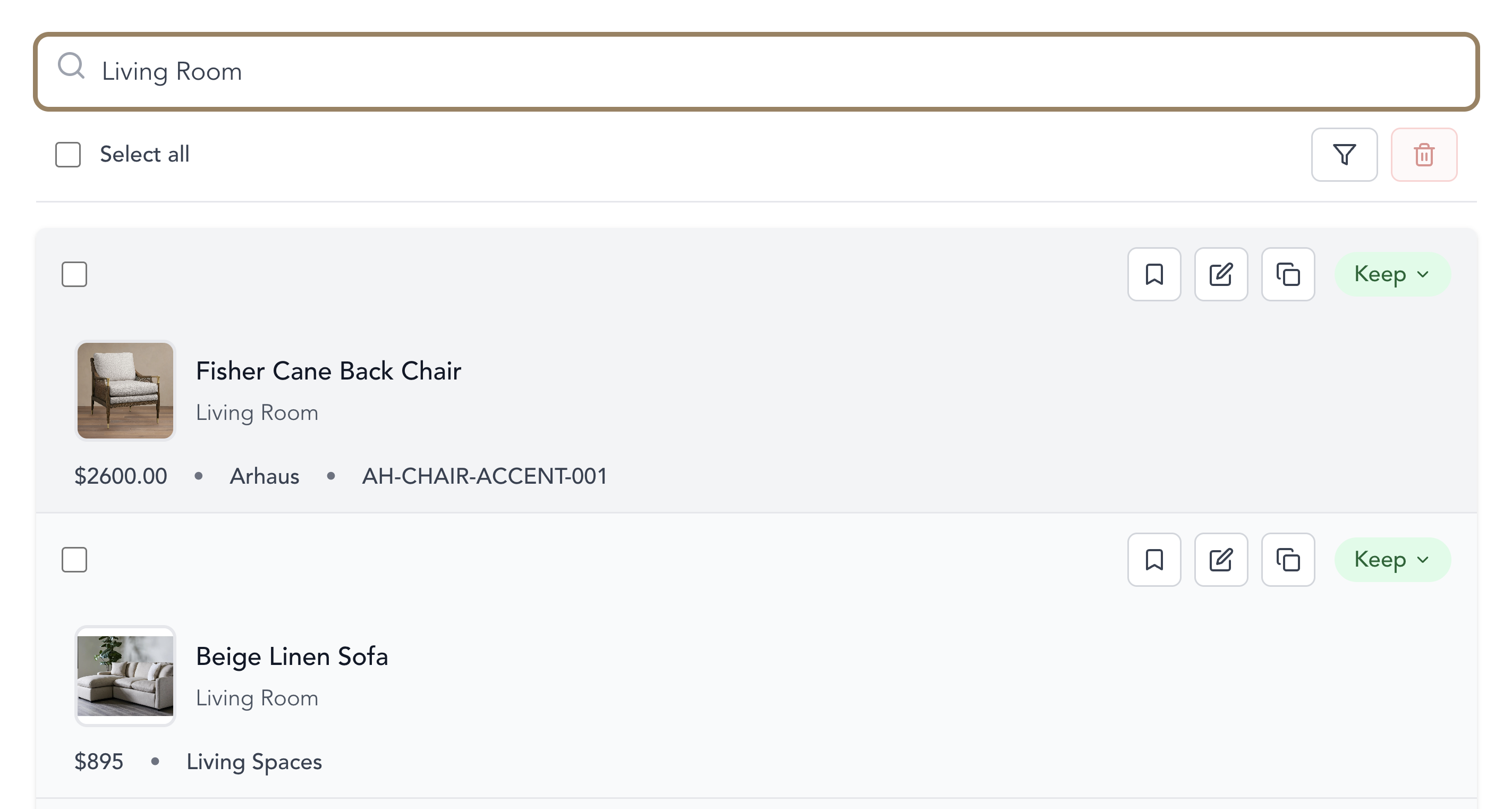 Room search interface showing filtered items by room